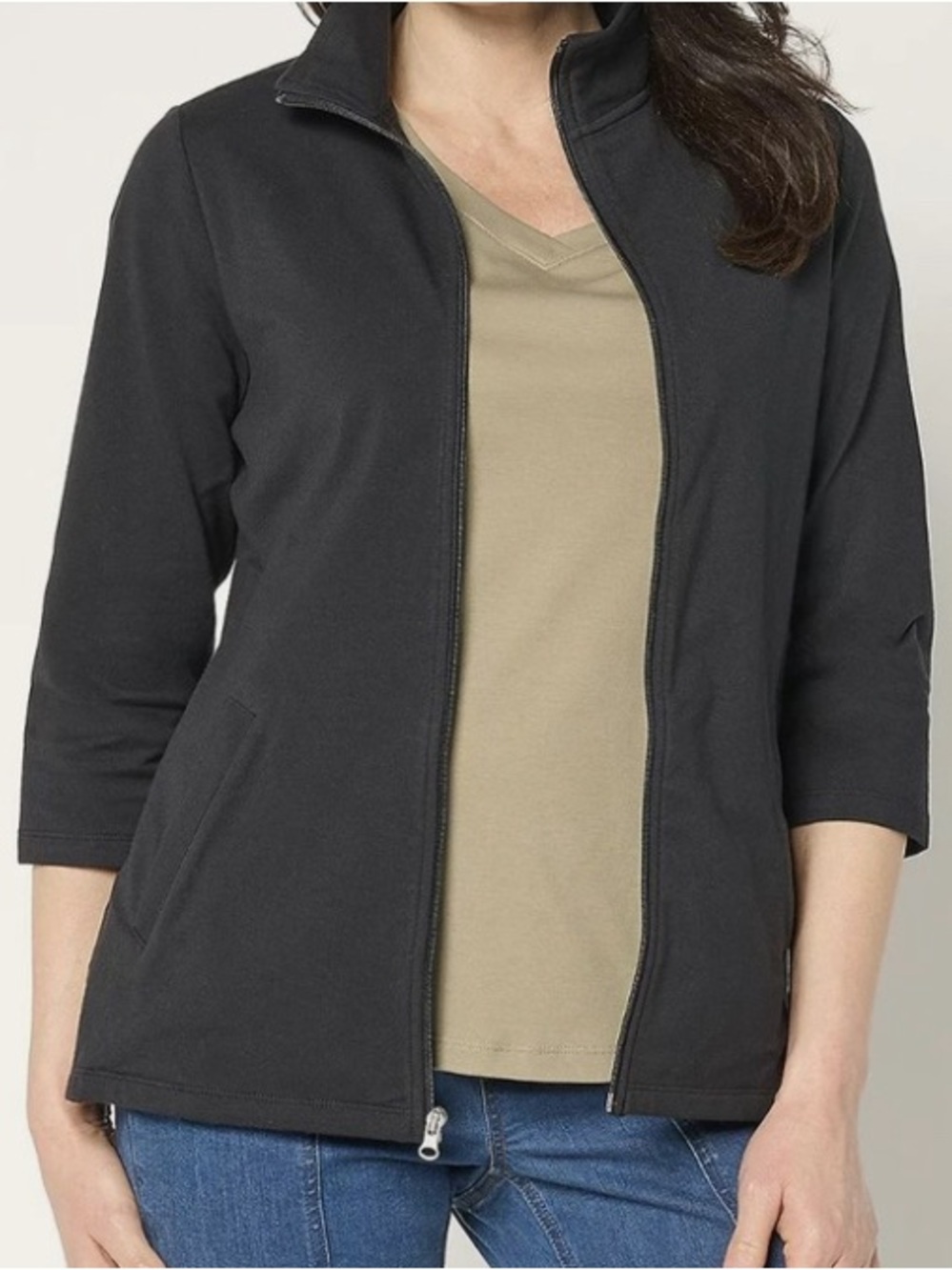 New Denim & Co Duo Stretch 3/4 Sleeve Jacket Black w/ Silver Zipper Petite Large